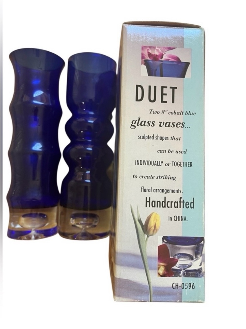 Duet Cobalt Blue Glass Vase Set - MCM Style Bamboo